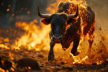 Bull running on fire. Business bull market concept