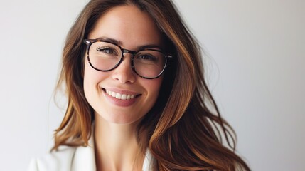 beautiful businesswoman wearing glasses standing over isolated white background with a happy and cool smile on face. Lucky person