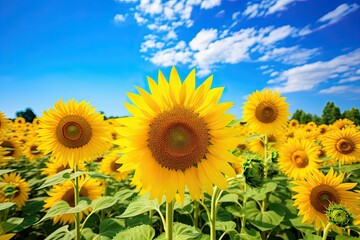 field of blooming sunflowers on a background of blue sky, AI Generated