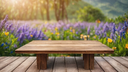 Flowers on a table, Flowers in the mountains, Empty wood table top on blur abstract green from the garden. For the montage product display, a wooden table with a garden