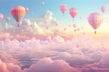 Obraz premium Colorful hot air balloons flying over the clouds. 3D Rendering, AI Generated