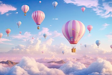 Fototapeta premium Hot air balloons flying in the sky over the clouds. 3d rendering, AI Generated
