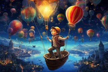 Fantasy fairy tale scene with boy flying in a hot air balloon, AI Generated - obrazy, fototapety, plakaty
