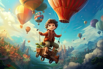 Cute little boy riding a bicycle on the background of mountains and hot air balloons, AI Generated - obrazy, fototapety, plakaty