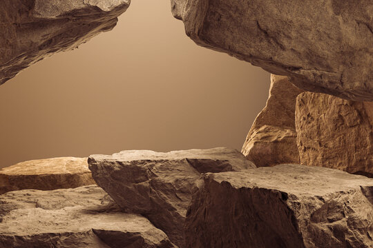 geometric Stone and Rock shape background, minimalist mockup for podium display or showcase, 3d rendering.