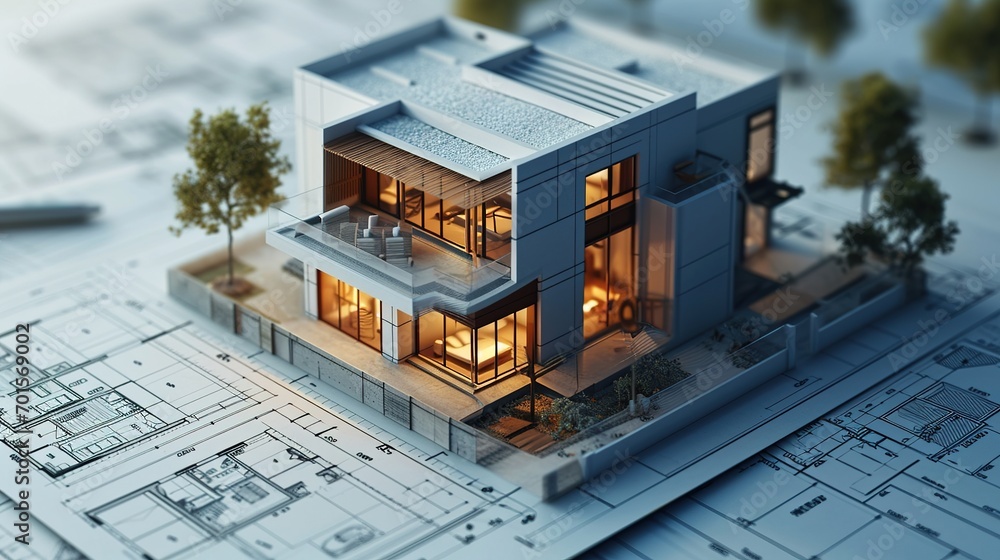 Poster blueprints, architecture and design of building model with plans for construction in architectural o