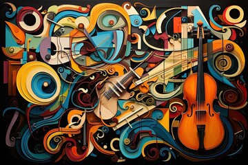 Abstract colorful music background with violin and musical instruments. Vector illustration, AI...