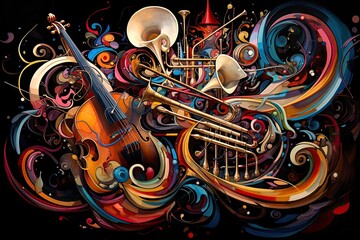 abstract colorful music background with guitar, vector illustration eps10, AI Generated