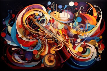 Colorful music background with violin, trumpet and saxophone. Vector illustration, AI Generated