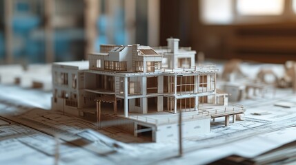 Blueprints, architecture and design of building model with plans for construction in architectural office