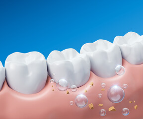 Tooth whitening, Tooth Cleaning, Healthy gums and teeth with fluoride Liquid Bubble Protect and Cleaning. Oral hygiene and Dental concept, 3d rendering.