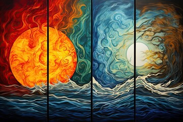 Sunset in the sea. Collage of four images, An Abstract Representation Of The Four Elements, AI...