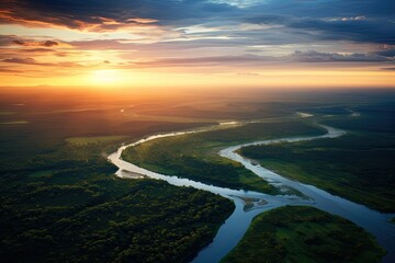 Aerial view of river and forest at sunset. Beautiful summer landscape, AI Generated