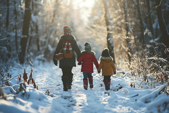 Rear view of a family with three small children in winter nature, walking in the snow