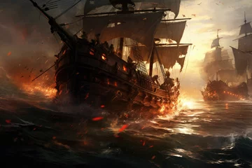 Foto op Canvas sailing boat in the sea with fire and smoke, 3d illustration, An epic battle between pirates on the high seas, AI Generated © Iftikhar alam