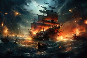 Sailing ship in the storm. 3D illustration. 3D rendering, An epic battle between pirates on the high seas, AI Generated