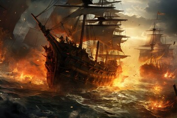 sailing ship in the sea at sunset. 3d render illustration, An epic battle between pirates on the high seas, AI Generated
