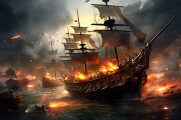 Pirate ship in the sea with fire and smoke, digital painting, An epic battle between pirates on the...