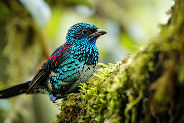 The intricate details of the Spangled Cotinga's plumage