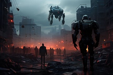 Silhouette of a robot standing in the middle of a destroyed city, An intimidating dystopian world with robotic enforcers patrolling, AI Generated