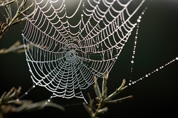 spider web with dew drops in the garden at dawn, An intricate spider’s web glistening with morning dew, AI Generated