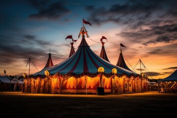 Fototapeta na wymiar Circus tent at sunset in the evening. Long exposure photo, An old-fashioned circus tent at a carnival during twilight, AI Generated