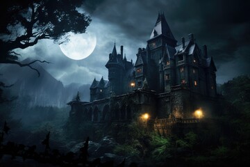 Fairy tale castle on the lake at night with full moon, An old, haunted gothic castle on a stormy...