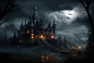 Halloween scene with haunted castle and full moon. 3d rendering, An old, haunted gothic castle on a stormy night, AI Generated