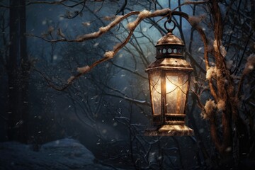 Lantern in the snow at night. Creative artwork decoration, An old lantern gently illuminating a...
