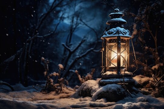 Lantern in the winter forest. Winter landscape with lanterns, An old lantern gently illuminating a frosty winter night, AI Generated
