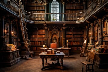Interior of the Library of the University of Cambridge, England, A massive library filled with rows of ancient books and scrolls, AI Generated