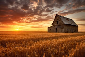Dramatic sunset over an old barn in a wheat field, An old rustic barn in wheat field under setting sun, AI Generated