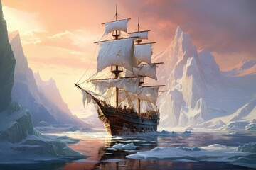 Sailing ship in the ocean at sunset. 3D illustration, An old sailing ship navigating through towering icebergs, AI Generated - Powered by Adobe