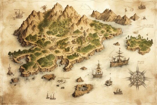 Old map of the island of Mallorca, Spain. Vintage style, An old treasure map leading to a mysterious island, AI Generated