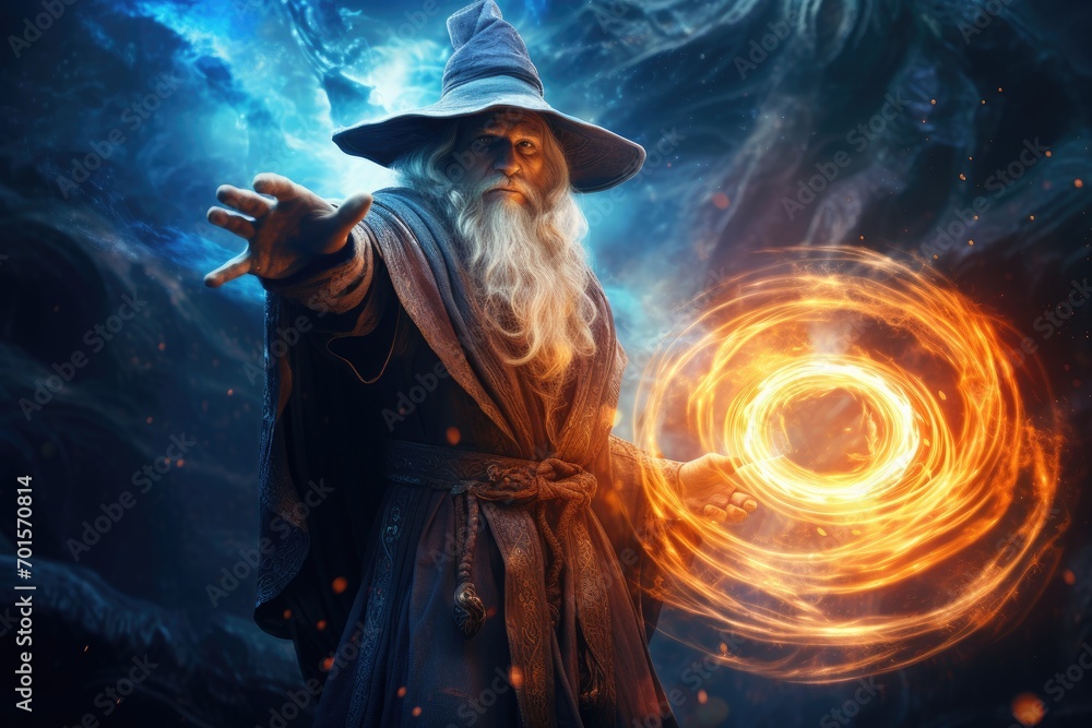 Wall mural old wizard in the dark. halloween theme. 3d rendering, an old wizard casting a spell, with magical e