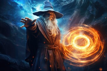 Old wizard in the dark. Halloween theme. 3D rendering, An old wizard casting a spell, with magical energy swirling around him, AI Generated - Powered by Adobe