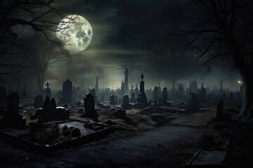 Gravestones in the cemetery at night with moon. Halloween concept, An ominous, haunting graveyard under the full moon's light, AI Generated - obrazy, fototapety, plakaty