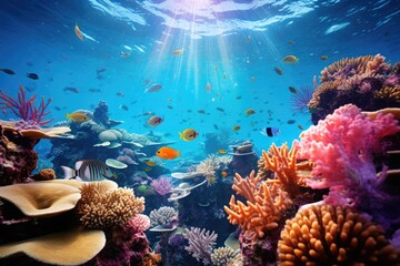 Naklejka na ściany i meble Underwater world with corals and tropical fish. 3d render, An undersea coral reef teeming with vibrant marine life, AI Generated