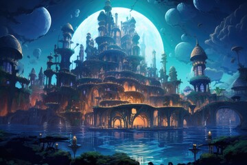 Hindu temple in the moonlight. Fantasy design. Digital painting, An underwater city with buildings made of coral, AI Generated - obrazy, fototapety, plakaty