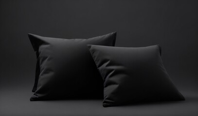 Fototapeta na wymiar Black pillows on plain black background from AI Generative