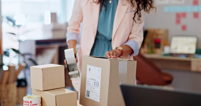 Small business, hand and box with tape for delivery, logistics or shipping of package. Female entrepreneur, fashion design and company by check for shipment, order or clothes for customer in office