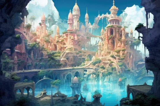 Fantasy landscape with fantasy city. Digital painting. Illustration, An underwater city with buildings made of coral, AI Generated