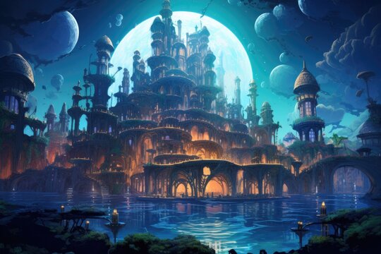 Hindu temple in the moonlight. Fantasy design. Digital painting, An underwater city with buildings made of coral, AI Generated