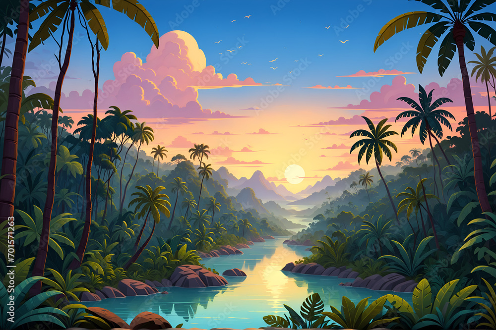 Wall mural forest landscape in the style of colorful 20s 30s animation