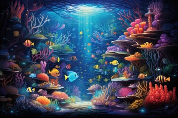 Obraz na płótnie Canvas Underwater scene with corals and tropical fish. Underwater world, An underwater world teeming with diverse marine life, AI Generated
