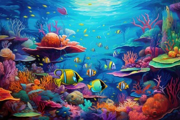 Fototapeta na wymiar Underwater scene with coral reef and tropical fish. 3d illustration, An underwater world teeming with diverse marine life, AI Generated
