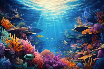 Fototapeta na wymiar Underwater world with coral reef and fish. 3d illustration, An underwater world teeming with colorful marine life, AI Generated
