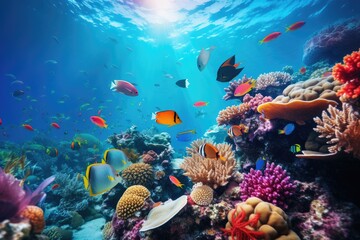 Underwater scene with fishes and coral reef. 3d illustration, An underwater world teeming with...