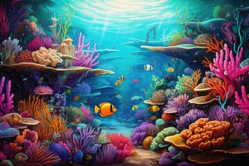Fototapeta na wymiar Underwater world with colorful corals and tropical fish. Underwater world, An underwater world teeming with diverse marine life, AI Generated