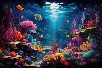 Cartoon underwater world with beautiful fishes and a castle in the sea, An underwater world, depicting the vibrant life beneath the sea, AI Generated